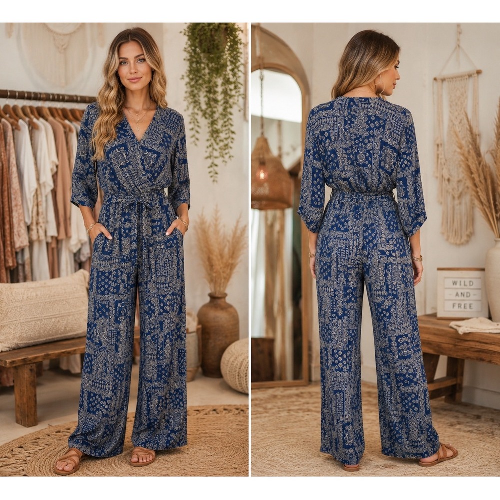 *GeeGee Boho Cottage Blue Bandana Print V-Neck Tie Waist Wide Leg Jumpsuit Small
